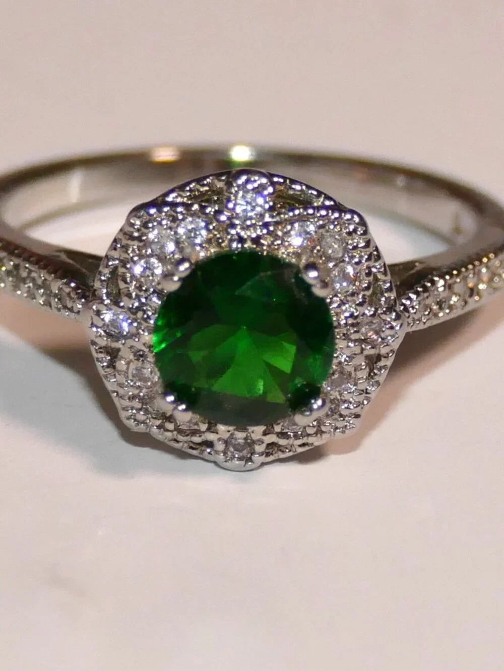 S925 Sterling Silver  Green CZ  Halo Cocktail Band Ring